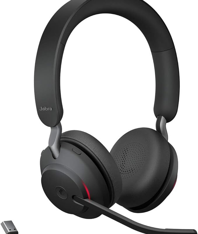 Jabra Evolve2 65 Wireless PC Headset – Noise Cancelling Microsoft Teams Certified Stereo Headphones With Long-Lasting Battery – USB-A Bluetooth Adapter – Black